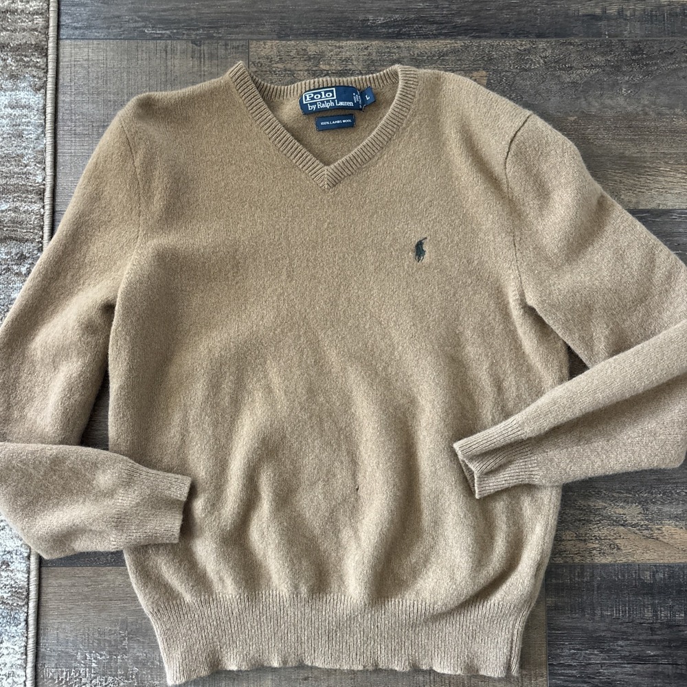 Vintage Polo Ralph Lauren Brown Tan 100% Lambs Wool V-Neck Sweater Size large